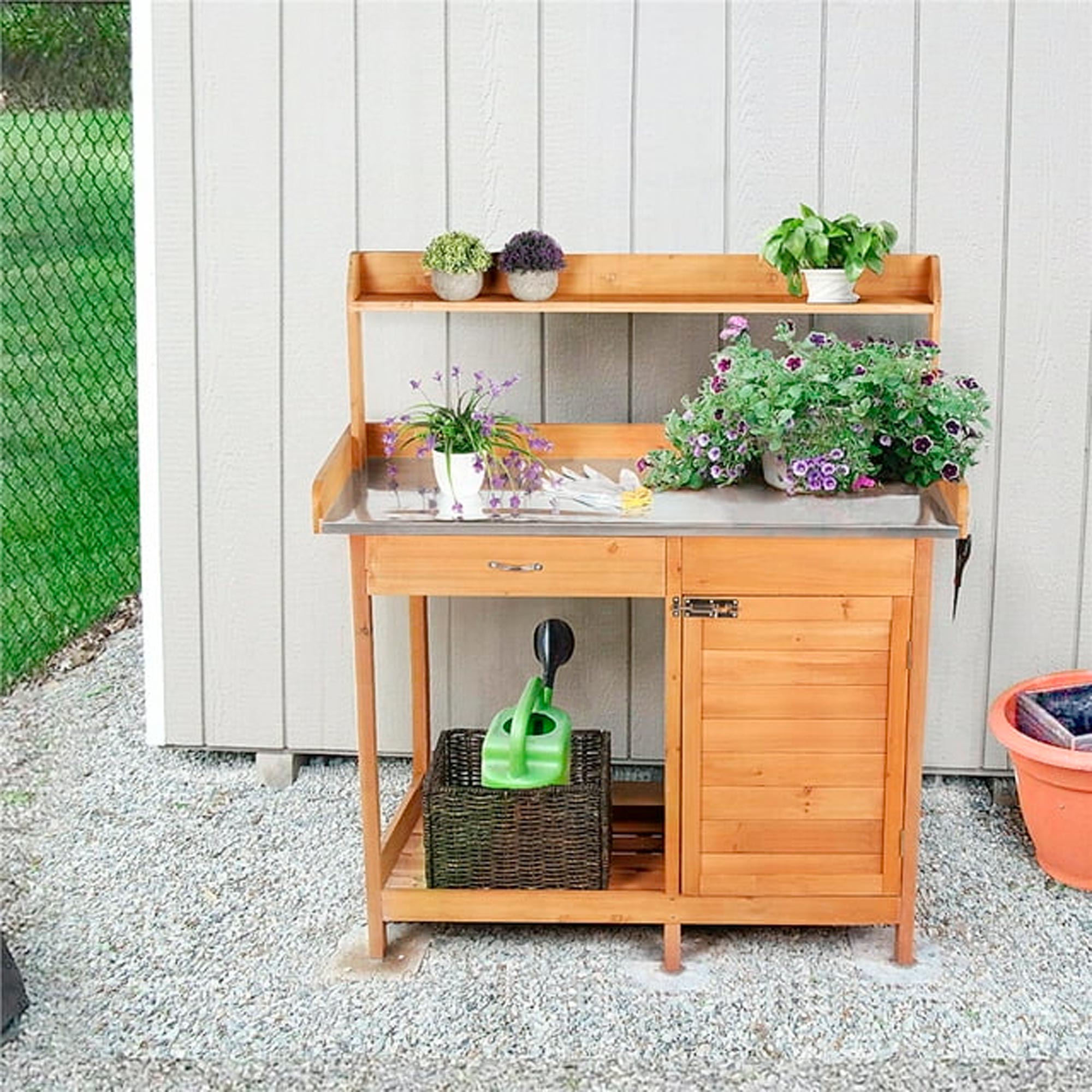 Easyfashion Outdoor Garden Potting Bench Metal Tabletop with Cabinet Drawer Open Shelf, Natural Wood – Image 2