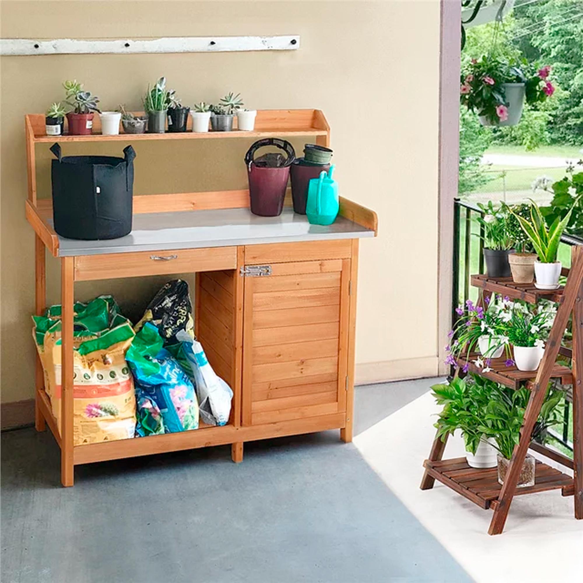 Easyfashion Outdoor Garden Potting Bench Metal Tabletop with Cabinet Drawer Open Shelf, Natural Wood – Image 3